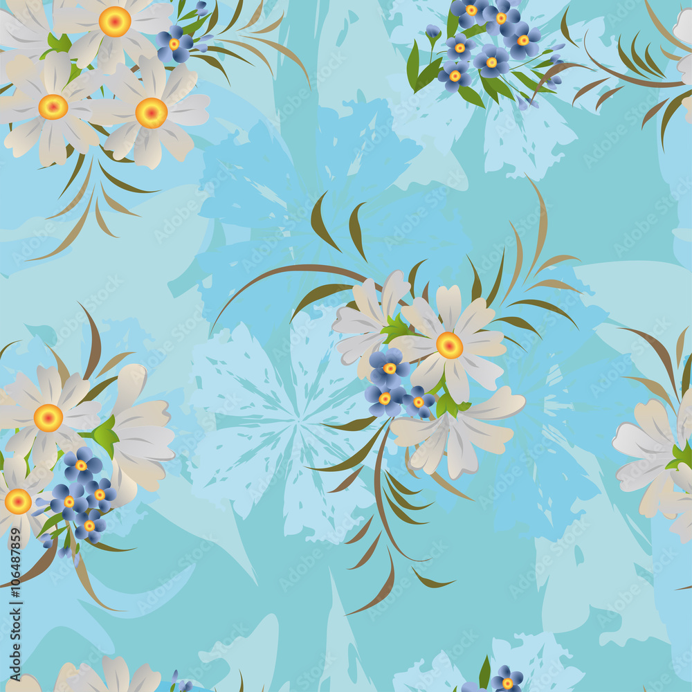 Seamless pattern with daisies and small blue flowers.