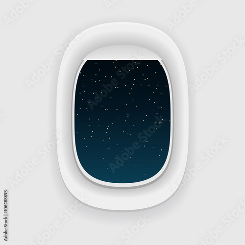 Airplane window, or a porthole, at night. Star sky view.