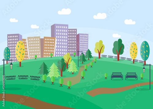 City Park with benches and trees. Park in the town. Park on the background of skyscrapers. Green park in the city. Flat style. Vector illustration