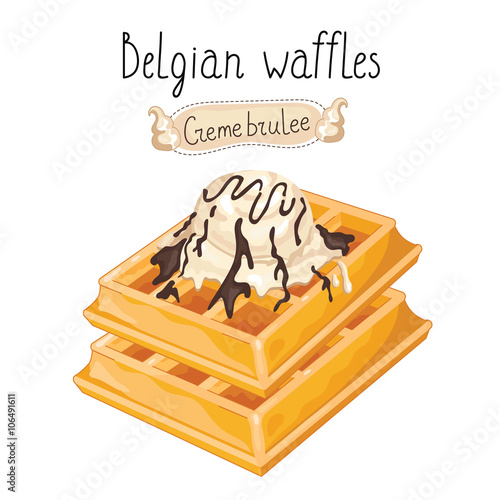 Belgian waffles with ice cream on white background, vector illustration.