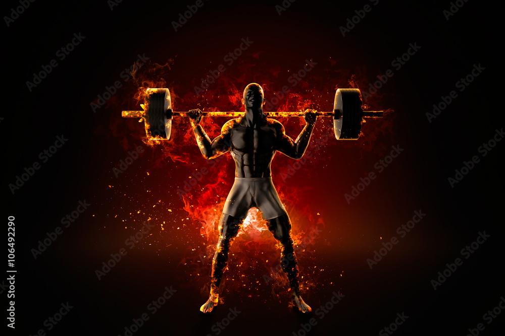 Ferocious flaming bodybuilder with barbell