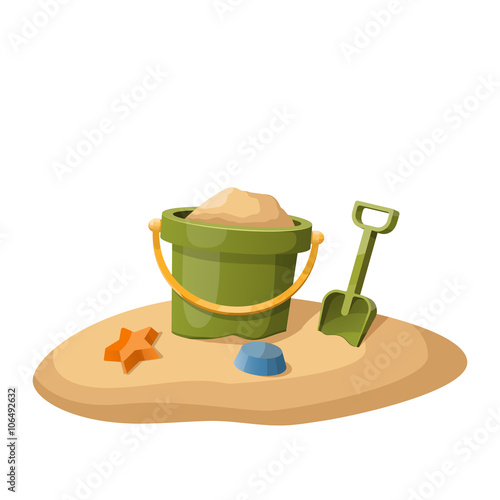 Toy bucket and shovel in sand isolated on white. Vector illustration
