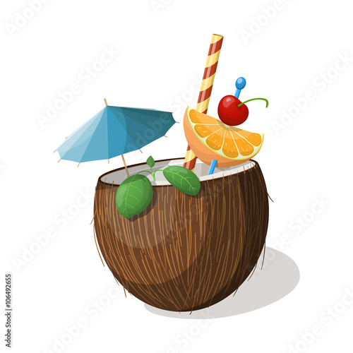 Exotic coconut cocktail isolated on white. Vector illustration