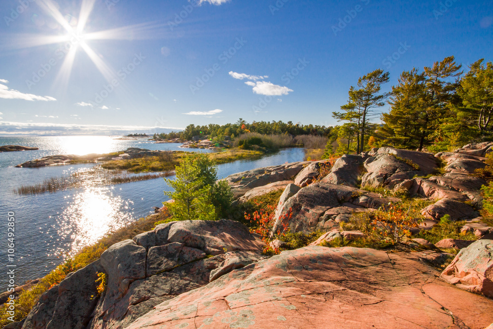 Fototapeta premium Red granite rock formation at Georgian Bay Killarney Provincial Park Ontario Canada