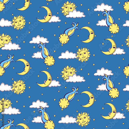 Seamless alchemy pattern with suns, moons, comets and clouds in