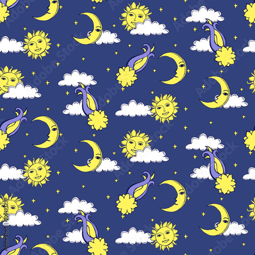 Seamless alchemy pattern with suns, moons, comets and clouds in