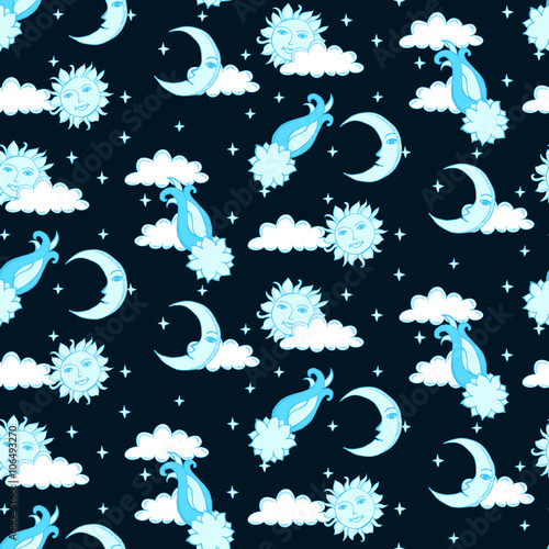 Seamless alchemy pattern with suns, moons, comets and clouds in