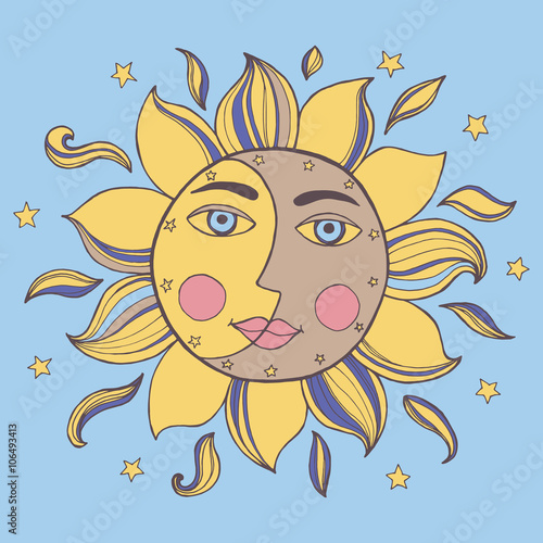 Sun and moon in one face. Alchemy vector illustration
