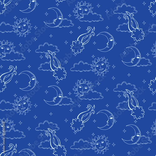 Seamless alchemy pattern with suns, moons, comets and clouds in
