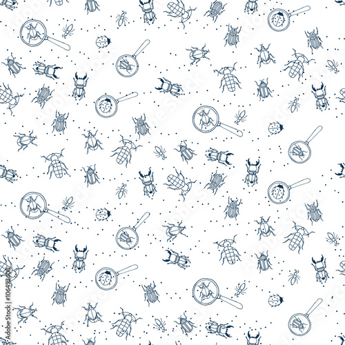 Seamless patterns with bugs and loupes. Little explorer.