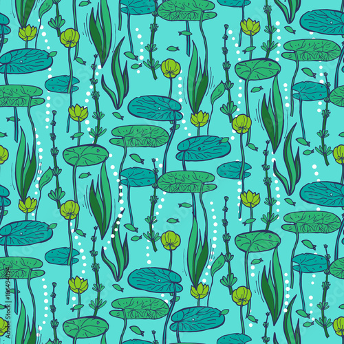 Seamless pattern with water and underwater plants