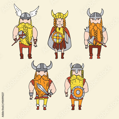Set of different cute vikings. Vector illustration.