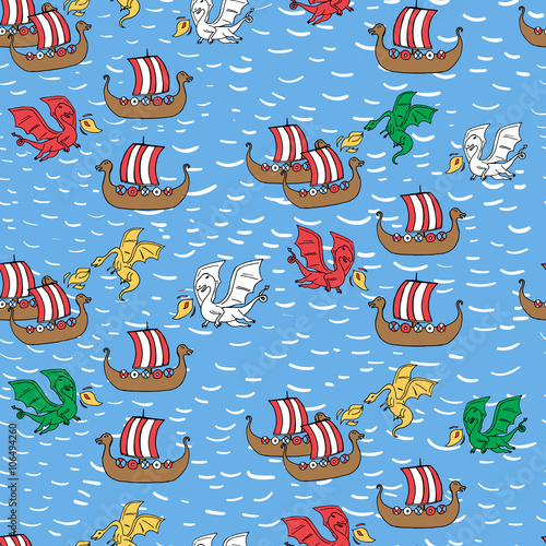 Seamless pattern with dragon attacking viking ships