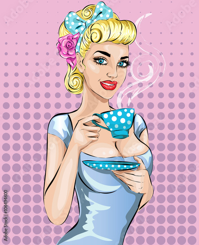 Pop Art woman with morning cup of tea. Pin-up girl