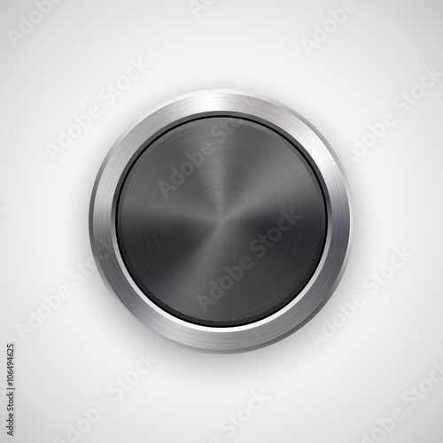 Black Abstract circle geometric badge, technology perforated button template with metal texture, chrome, silver, steel and realistic shadow for logo, design concepts, apps. Vector illustration.