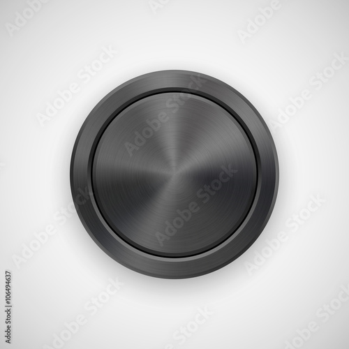 Black Abstract circle geometric badge, technology perforated button template with metal texture, chrome, silver, steel and realistic shadow for logo, design concepts, apps. Vector illustration.