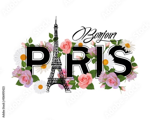 T-shirt print design with slogan Hello Paris, Eiffel tower, frame and pink roses.
