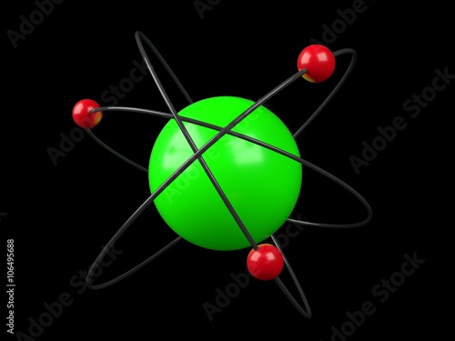 Model of atom on black background, 3D