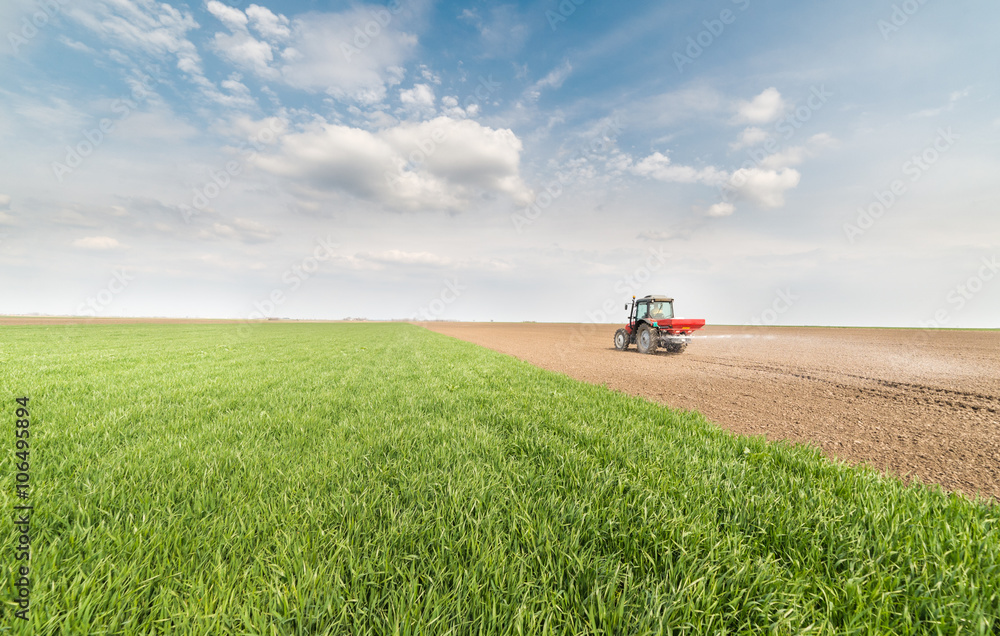  tractor fertilizing in field