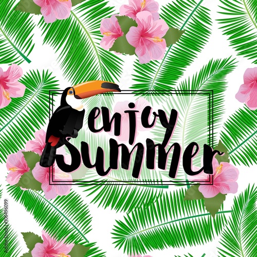 Summer poster with palm leaves, seashore, flower hibiscus and toucan. 