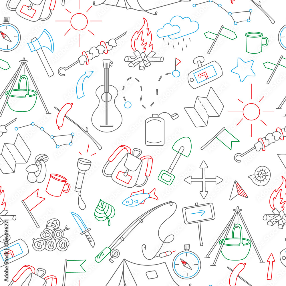 Seamless background with simple hand-drawn icons on the theme of camping and traveling, with colored marker on white background Seamless background with simple hand-drawn icons on the theme of camping and traveling, with colored marker on white background