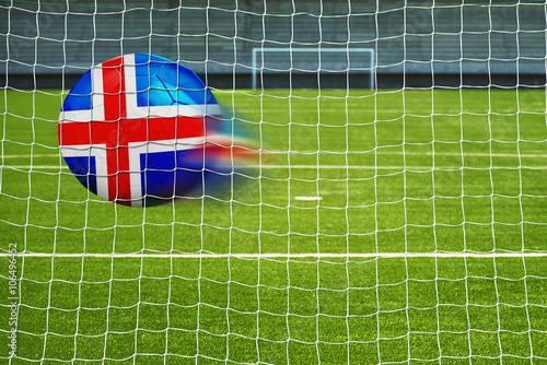 Soccer ball with the flag of Iceland in the net