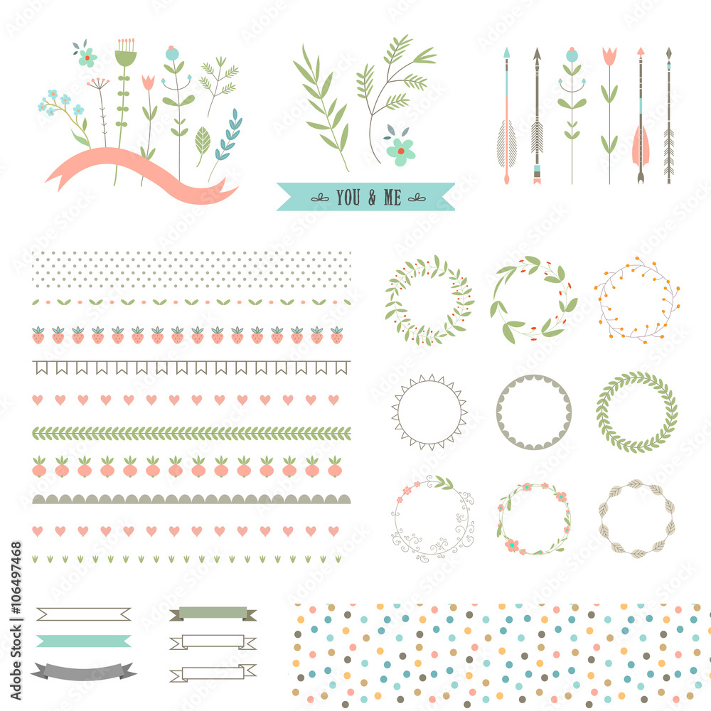 Floral decor set. Different vector brushes and decor elements. 