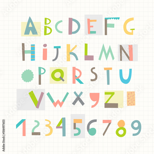 Fun and cute paper cut alphabet and figures. Isolated. Vector