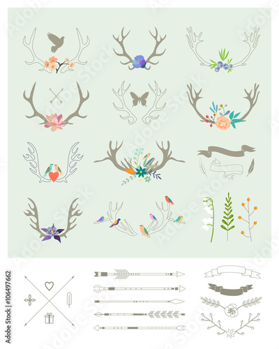 Antlers, flowers, arrows, ribbons. Decor elements. Isolated 