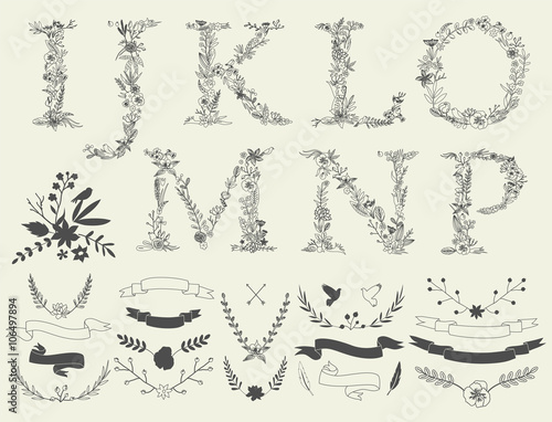 Letters I, G, K, L, M, N, O, P. Floral elements of  alphabet