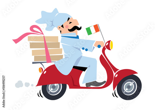 Funny pizza chef on scooter. Pizza delivery