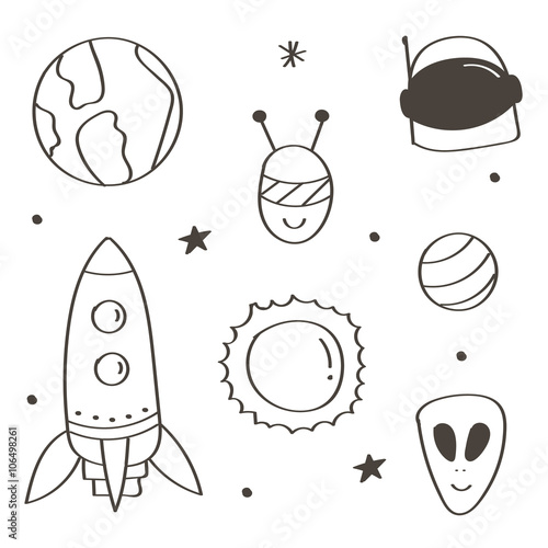 Set of cute monochrome space doodles isolated on white background. Aliens and space flights doodles.