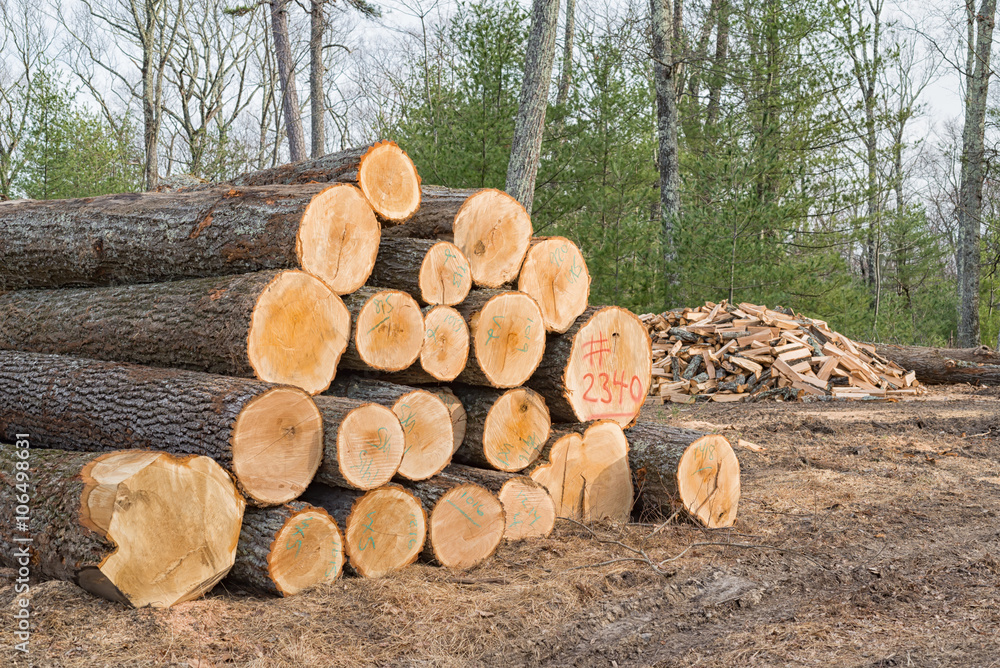 Stack of Freshly Cut Timber marked and ready for the Sawmill, with a pile of Split Firewood in the background. Stack of Freshly Cut Timber marked and ready for the Sawmill, with a pile of Split Firewood in the background.