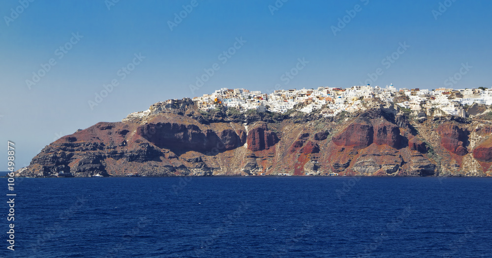 Beautiful red island of Santorini from long distance, Greece