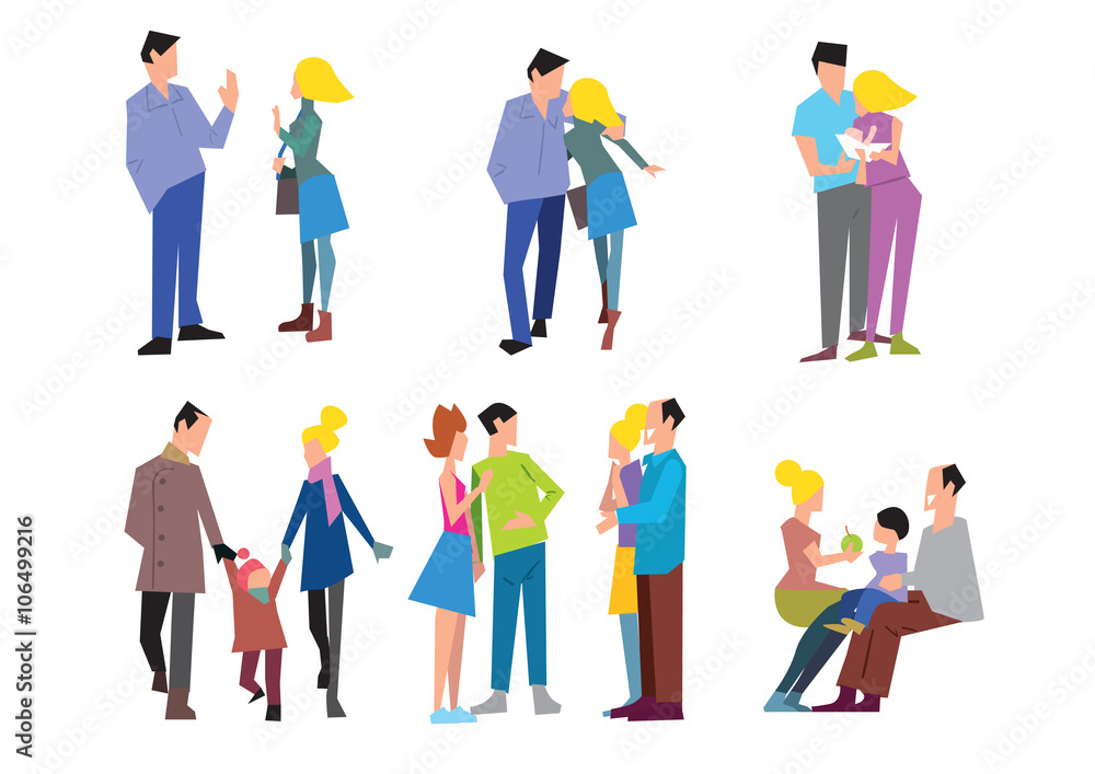 Stages of family formation. The first date, pregnancy, childbirth, grandchildren, old age. Vector illustration in a flat style.