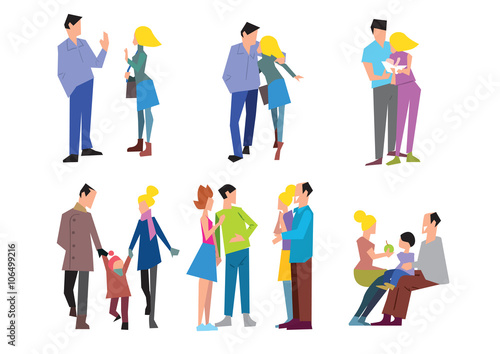 Stages of family formation. The first date, pregnancy, childbirth, grandchildren, old age. Vector illustration in a flat style.