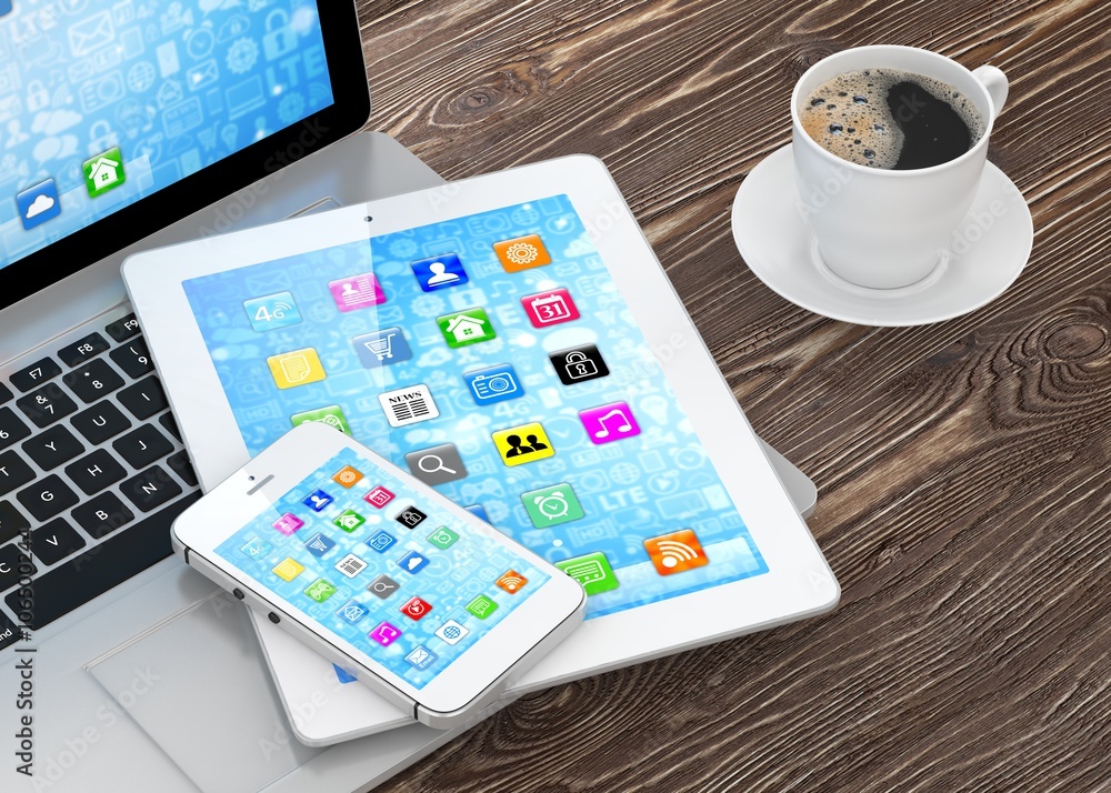 Laptop, phone and tablet pc. 3D rendering. Laptop, phone and tablet pc. 3D rendering.