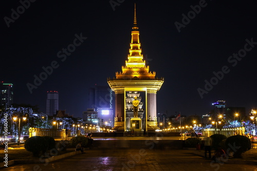 The monument of King Norodom Sihanoukin in the night which is located on central of Phnom Penh, Cambodia. photo