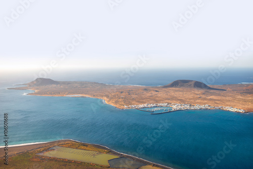 Top view on Graciosa island from El Rio viewpoint on Lanzarote island in Spain