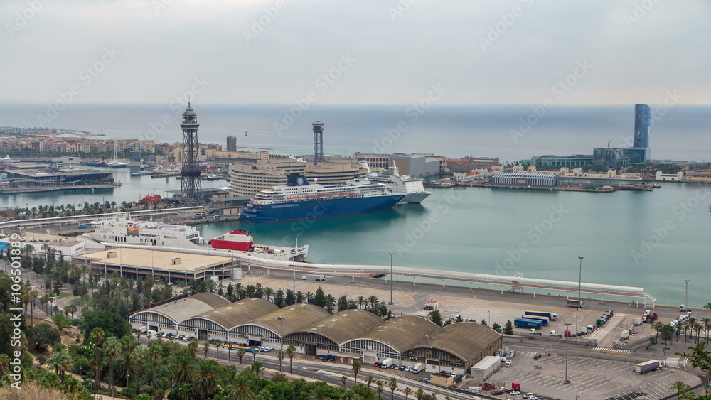 passenger ships and a powerboat timelapse in port of Barcelona, Spain passenger ships and a powerboat timelapse in port of Barcelona, Spain