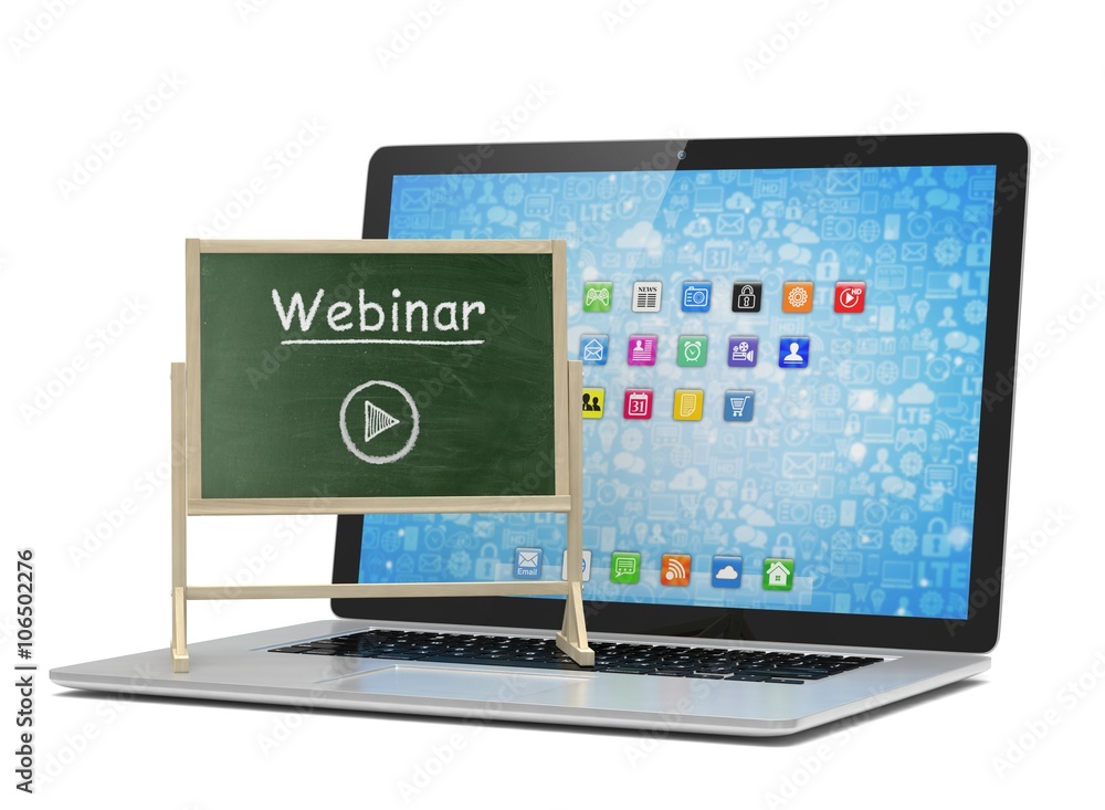 Laptop with chalkboard, webinar, online education concept. 3D rendering. Laptop with chalkboard, webinar, online education concept. 3D rendering.