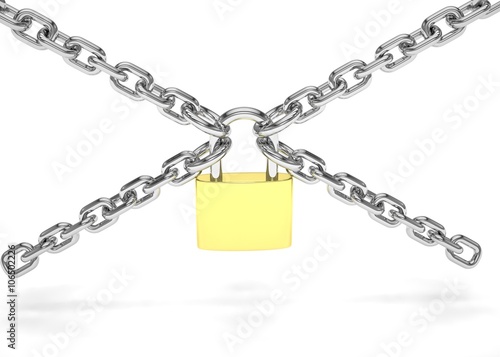 Padlock and chain isolated on white background. 3D rendering.