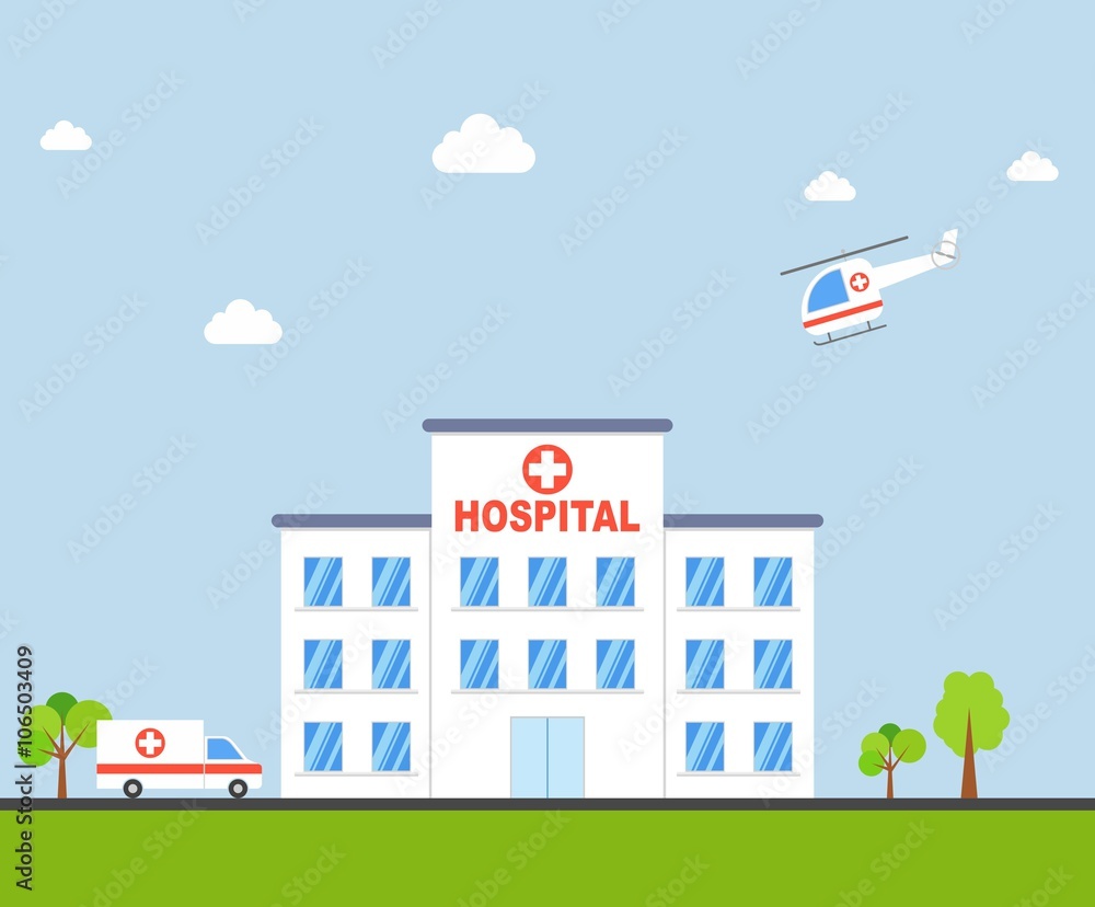 City Hospital building with ambulance and helicopter in flat design. Clinic Vector City Hospital building with ambulance and helicopter in flat design. Clinic Vector