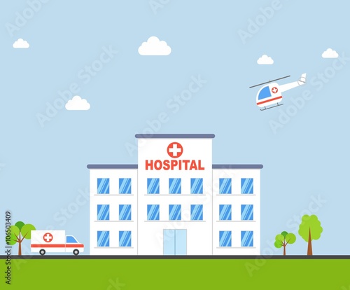 City Hospital building with ambulance and helicopter in flat design. Clinic Vector