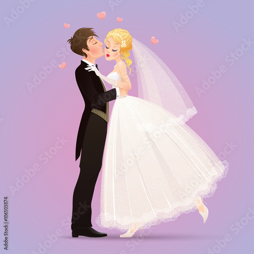 Vector illustration with groom kissing his charming and shyness bride