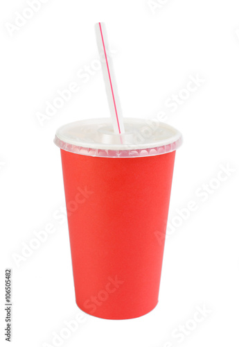 Red disposable cup for beverages with straw. Isolated on a white