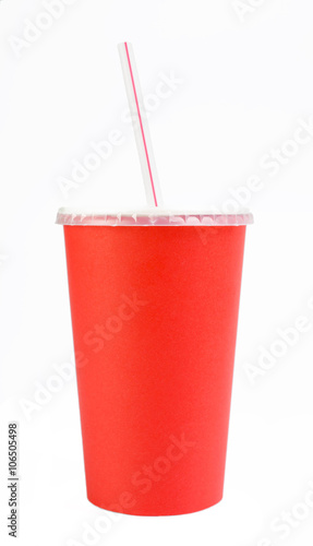 Red disposable cup for beverages with straw. Isolated on a white