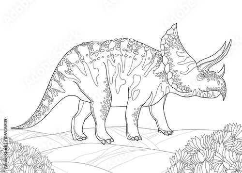 Vector illustration of Triceratops from family of large horned dinosaurs isolated on white background. Series of prehistoric dinosaurs. Fossil animals and reptiles in contour style.