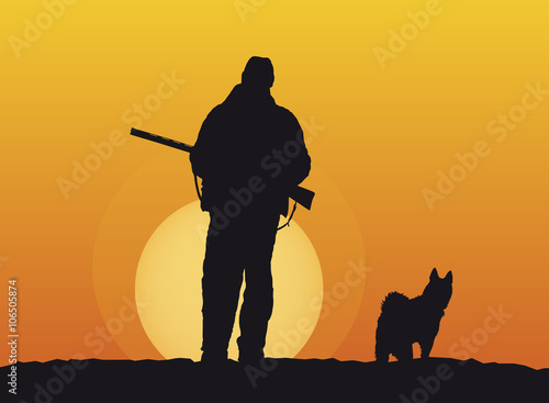 silhouettes of hunter and dog at sunset background