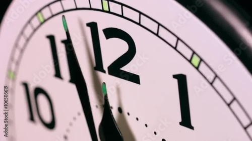 Close up time lapse of clock hands passing 12 o'clock midnight. End of one day and the beginning of the new day.